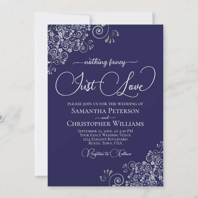 Nothing Fancy Just Love Navy Blue & Silver Wedding Invitation (Front)