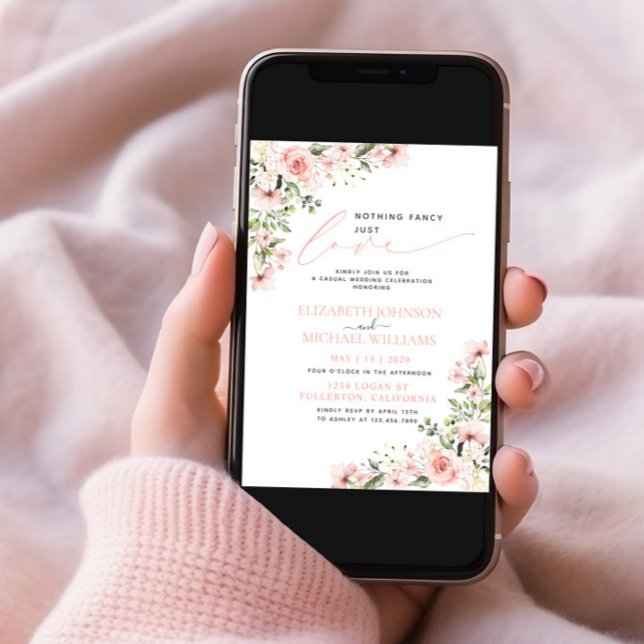 Nothing Fancy Just Love Pink Floral Photo Wedding Invitation (Creator Uploaded)