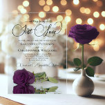 Nothing Fancy Just Love Plum Purple Rose Wedding Acrylic Invitations<br><div class="desc">These stunning acrylic wedding invitations feature a beautiful modern floral design with a single long stemmed deep plum purple or eggplant coloured rose reflecting or mirrored in a pool of water. The background is clear so you can see through the invitation. The elegant text features script lettering with fancy tails...</div>