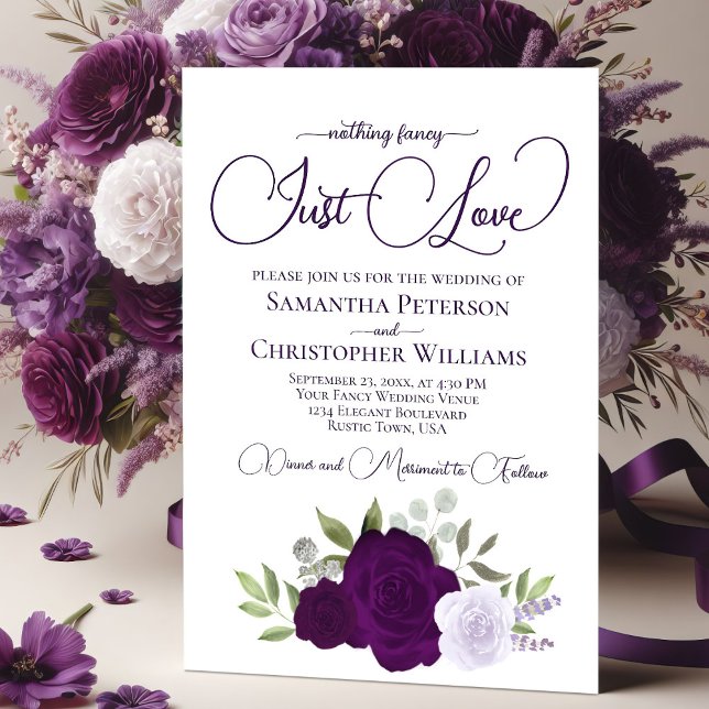 Nothing Fancy Just Love Purple Boho Roses Wedding Invitation (Creator Uploaded)