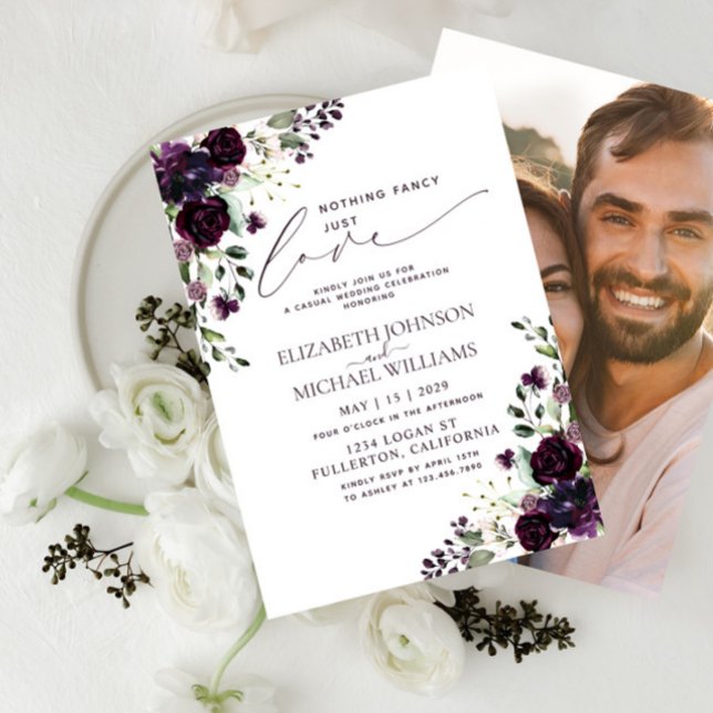 Nothing Fancy Just Love Purple Photo Wedding Invitation (Creator Uploaded)