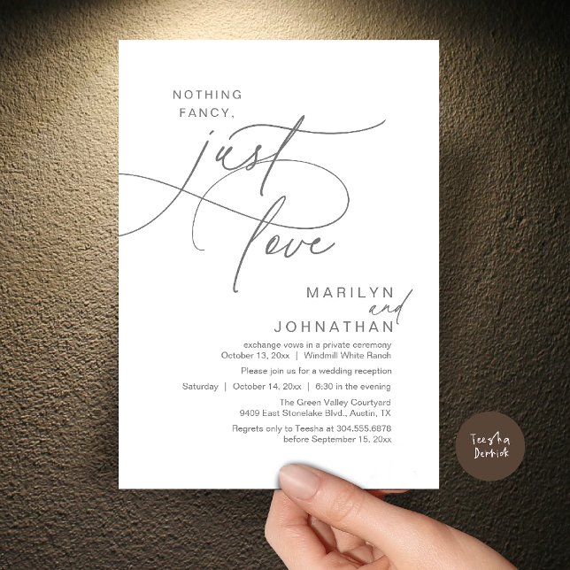 Nothing Fancy, Just Love, Romantic Wedding Dinner Invitation (Nothing Fancy, Just Love, Modern Romantic Wedding Reception Dinner Invitation Card in Dark Grey)