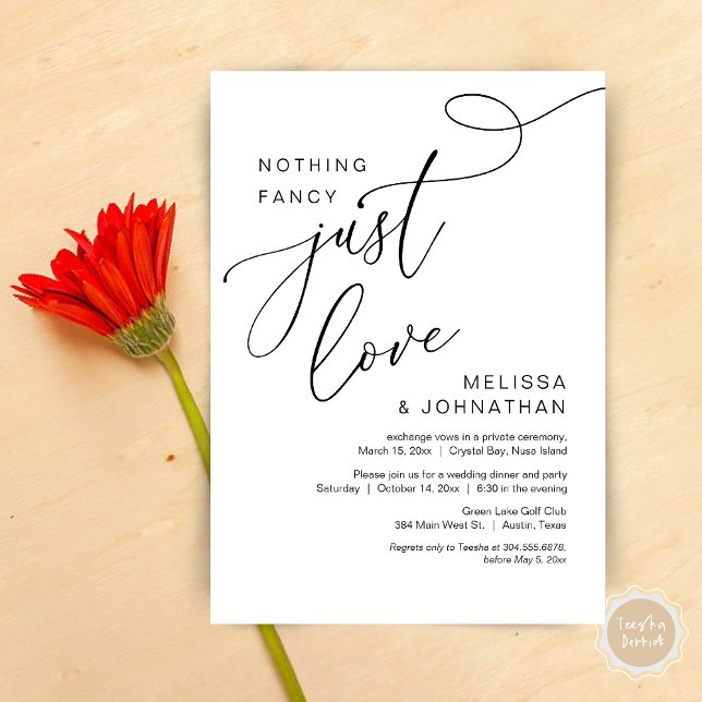 Nothing Fancy, Just Love, Romantic Wedding Dinner Invitation (Nothing Fancy, Just Love, Romantic Wedding Elopement Dinner Invitation Card, PDF, in Black and White)