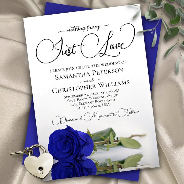 Nothing Fancy Just Love Royal Blue Rose Wedding Invitation (In Situ Front and Back)