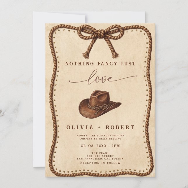 Nothing Fancy Just Love Rustic Cowboy Rope wedding Invitation (Front)