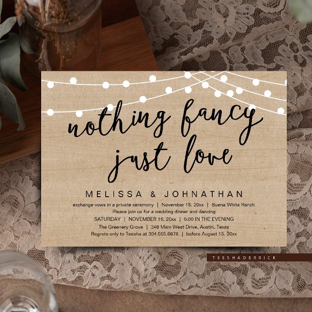 Nothing Fancy Just Love Rustic String Lights Invitation (Nothing Fancy Just Love Rustic String Lights Invitation Card in Cottage Burlap brown wood)