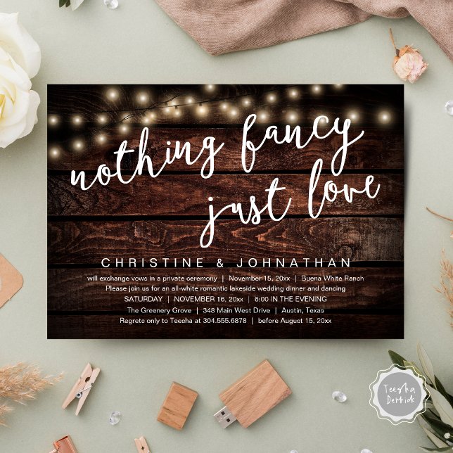 Nothing Fancy, Just Love Rustic Wedding Dinner Invitation (Nothing Fancy, Just Love Rustic Wedding Dinner Invitation Card PDF String Lights Dark Brown Wood)