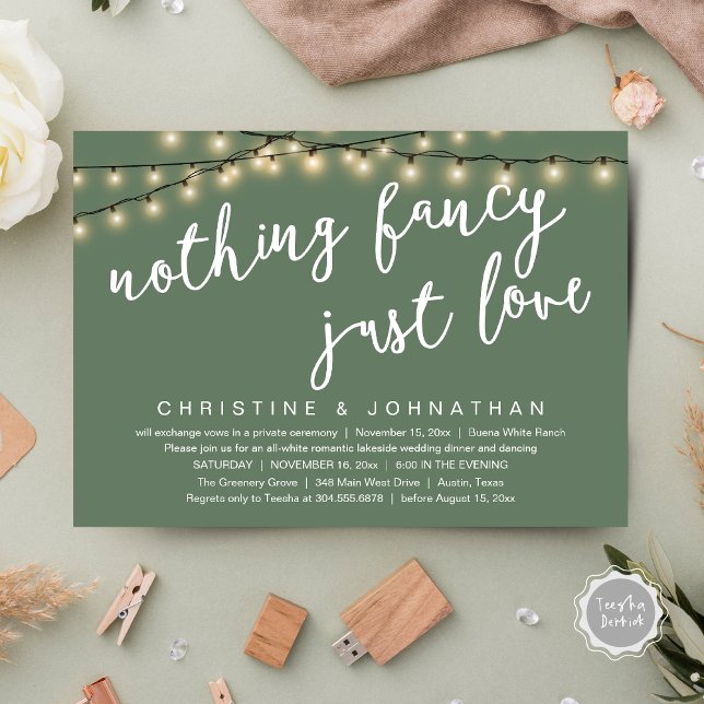 Nothing Fancy, Just Love Rustic Wedding Dinner Invitation (Nothing Fancy, Just Love Rustic Wedding Dinner Invitation Card PDF String Lights Sage Green Greenery)
