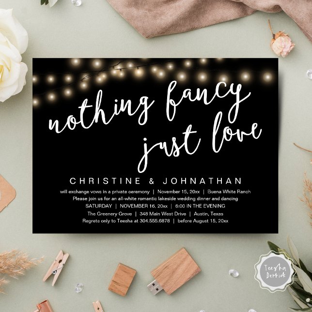 Nothing Fancy, Just Love Rustic Wedding Dinner Invitation (Nothing Fancy, Just Love Rustic Wedding Dinner Invitation Card PDF String Lights Black White)