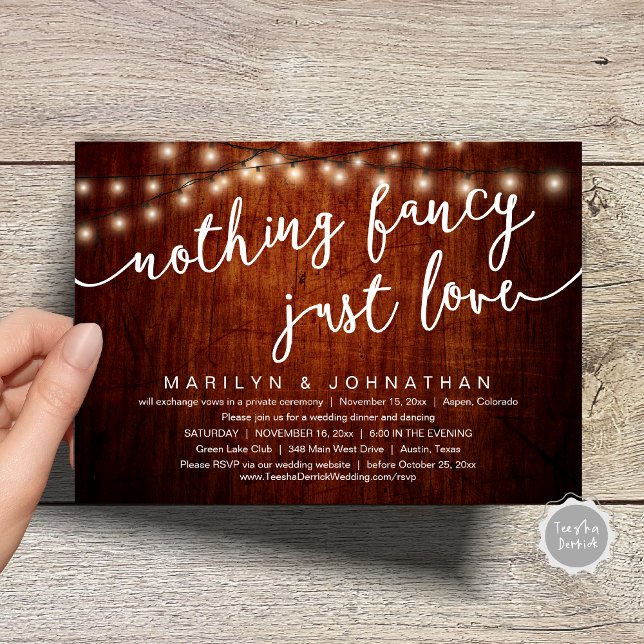 Nothing Fancy, Just Love, Rustic Wedding Dinner Invitation (Nothing Fancy, Just Love, Rustic Cottage String Lights, Wedding Dinner Invites Card, PDF, Brown Wood)