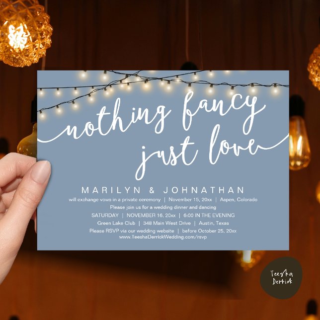 Nothing Fancy, Just Love, Rustic Wedding Dinner Invitation (Nothing Fancy, Just Love, Rustic Cottage String Lights, Wedding Dinner Invites Card, PDF, Dusty Blue)
