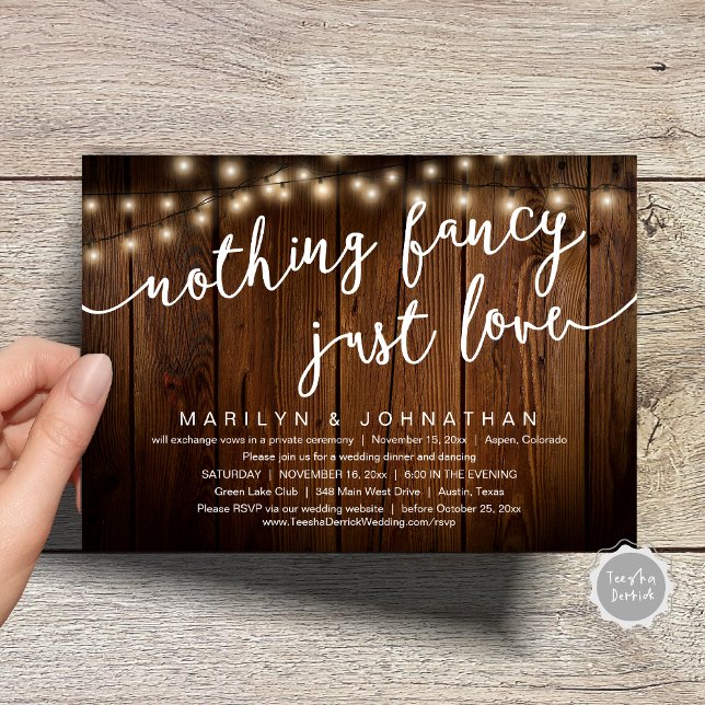 Nothing Fancy, Just Love, Rustic Wedding Dinner Invitation (Nothing Fancy, Just Love, Rustic Cottage String Lights, Wedding Dinner Invites Card, PDF, Brown Wood)