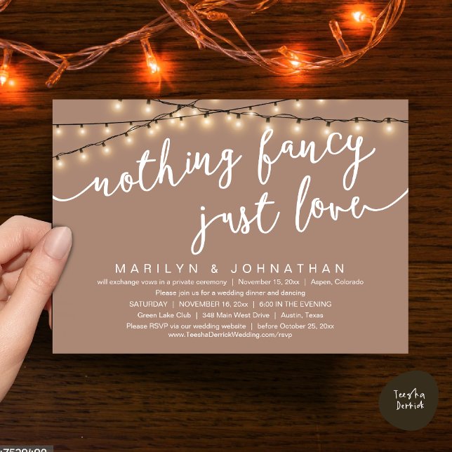 Nothing Fancy, Just Love, Rustic Wedding Dinner Invitation (Nothing Fancy, Just Love, Rustic Cottage String Lights, Wedding Dinner Invites Card, PDF, Taupe )