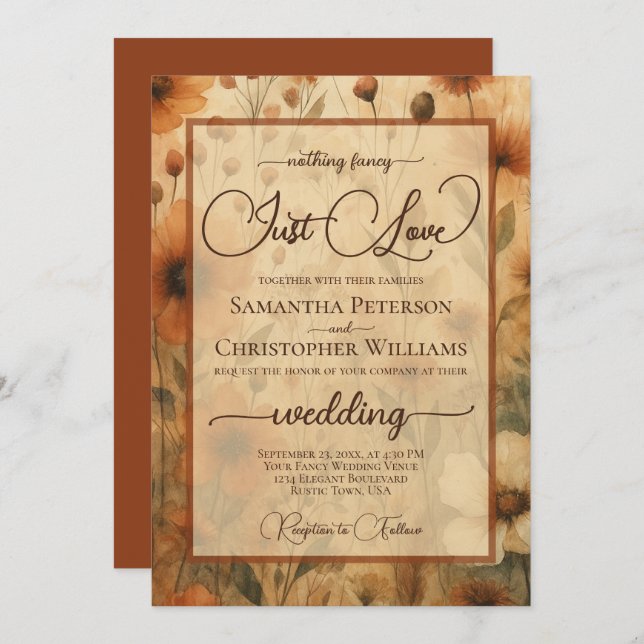 Nothing Fancy Just Love Sienna Boho Floral Wedding Invitation (Front/Back)