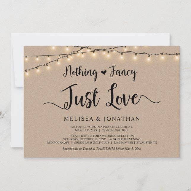 Nothing Fancy, Just Love, String Lights Elopement Invitation (Front)