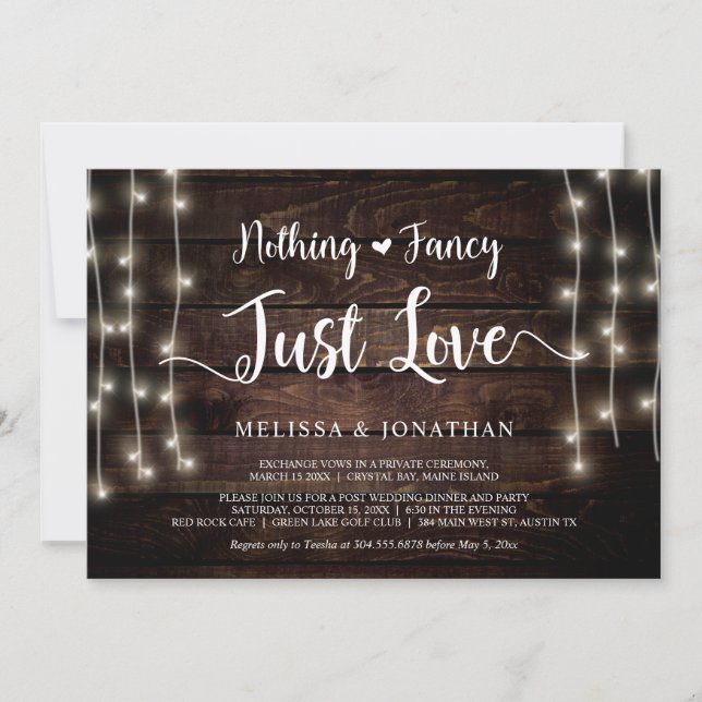 Nothing Fancy, Just Love, String Lights Elopement  Invitation (Front)
