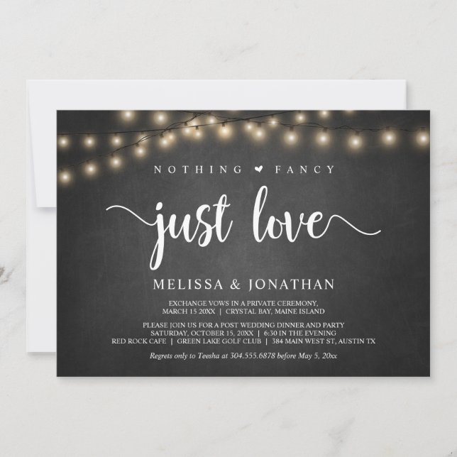 Nothing Fancy, Just Love, String Lights Elopement  Invitation (Front)