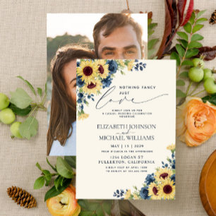 Nothing Fancy Just Love Sunflower Navy Blue Photo Invitation