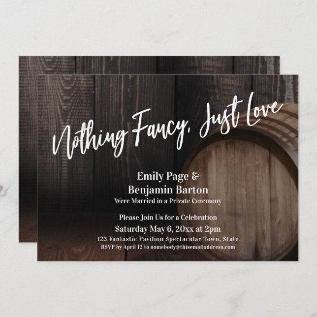 Nothing Fancy Just Love Typography Wood Barrel Invitation (Front/Back)