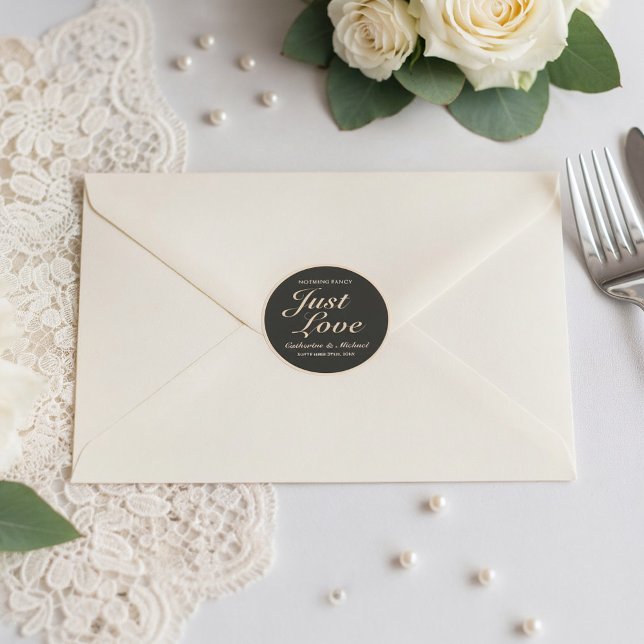 Nothing Fancy Just Love Wedding  Classic Round Sticker (Flat lay romantic wedding envelope with coffee brown bold typography modern wedding sticker)