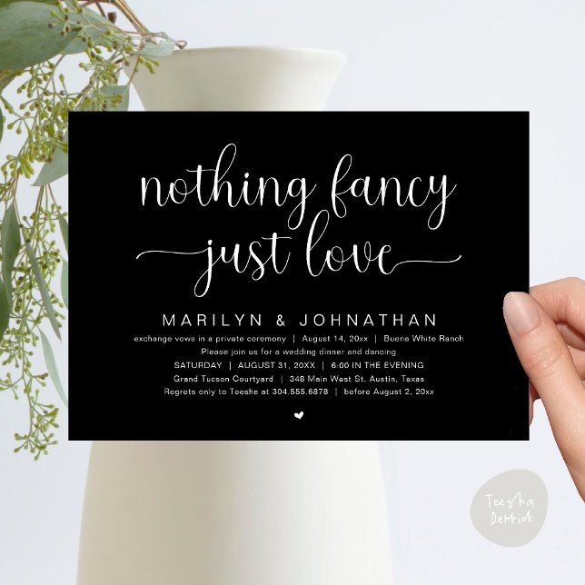 Nothing Fancy, Just Love, Wedding Dinner Dancing Invitation (Nothing Fancy, Just Love, Modern Wedding Dinner Dancing Invitation Card, PDF, Classy Black White)