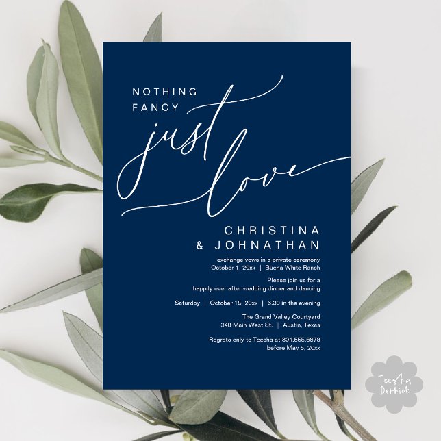 Nothing Fancy Just Love Wedding Dinner Party Invitation (Nothing Fancy Just Love Modern Romantic Wedding Dinner Lunch Brunch Party Invites Card Navy Blue)