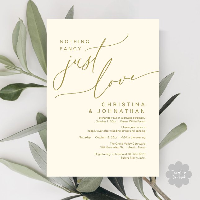 Nothing Fancy Just Love Wedding Dinner Party Invitation (Nothing Fancy Just Love Modern Romantic Wedding Dinner Lunch Brunch Party Invites Card Yellow Gold)
