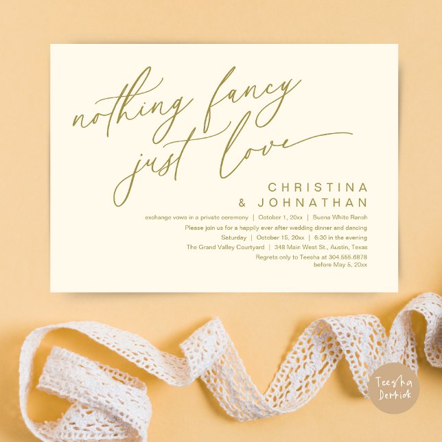 Nothing Fancy Just Love Wedding Dinner Party Invitation (Nothing Fancy Just Love Modern Romantic Wedding Dinner Party Invitation Card PDF Yellow Gold)