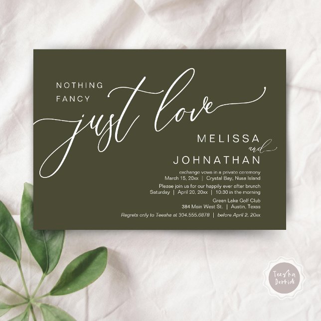 Nothing Fancy Just Love, Wedding Elopement Brunch Invitation (Celebrate with us, Nothing Fancy Just Love, Romantic Wedding Brunch Invitation Card PDF Olive Green)