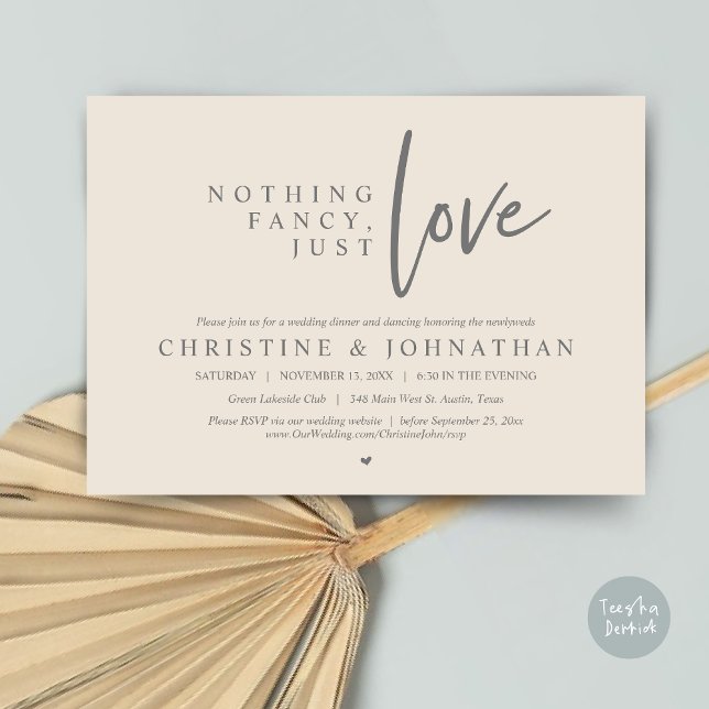 Nothing Fancy, Just Love, Wedding Elopement Dinner Invitation (Nothing Fancy, Just Love, Wedding Elopement Dinner Invitation Card, PDF, in Grey Cream)