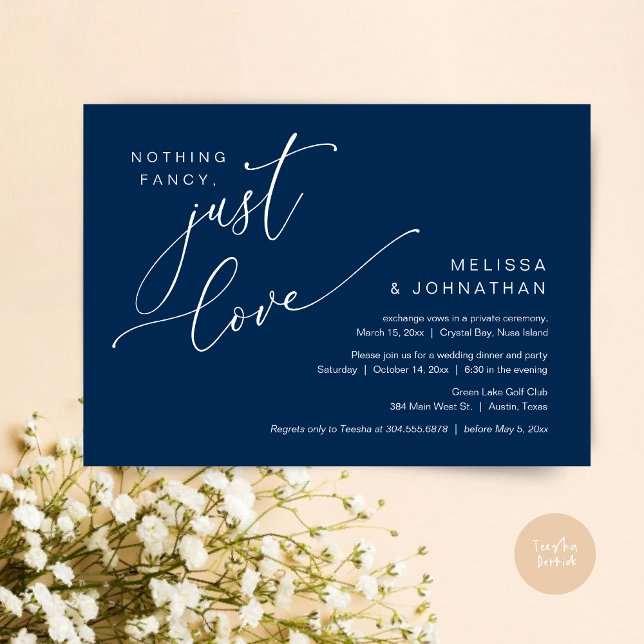 Nothing Fancy, Just Love, Wedding Elopement Dinner Invitation (Nothing Fancy, Just Love, Wedding Elopement Dinner Invitation Card, PDF, in Navy Blue)