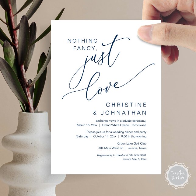 Nothing Fancy, Just Love, Wedding Elopement Dinner Invitation (Nothing Fancy, Just Love, Wedding Elopement Dinner Party Invitation Card, PDF, Navy Blue)
