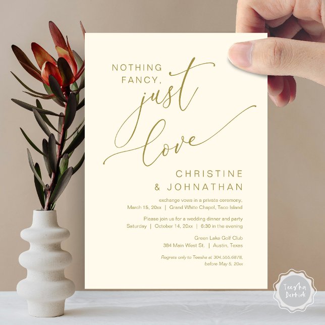 Nothing Fancy, Just Love, Wedding Elopement Dinner Invitation (Nothing Fancy Just Love Wedding Elopement Dinner Party Lunch Brunch Invitation Card PDF, Yellow Gold)