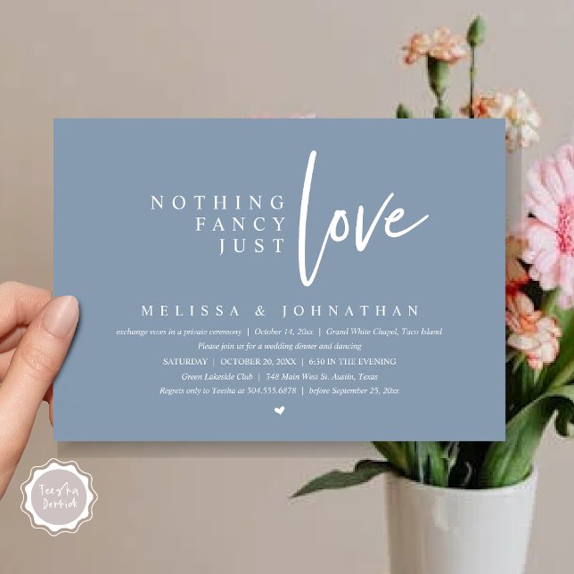 Nothing Fancy, Just Love Wedding Elopement Dinner Invitation (Nothing Fancy, Just Love Wedding Elopement Dinner Party Invitation Card, PDF, Dusty Blue)