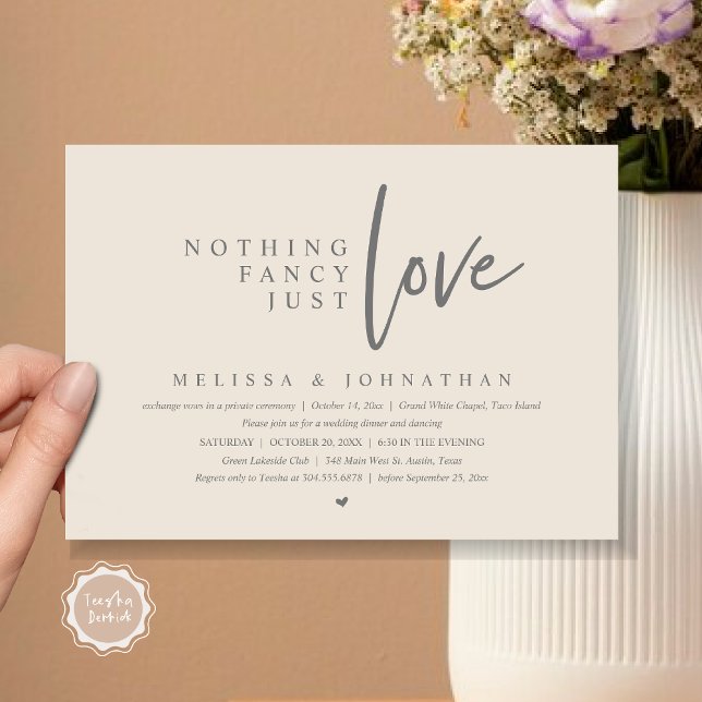 Nothing Fancy, Just Love Wedding Elopement Dinner Invitation (Nothing Fancy, Just Love Wedding Elopement Dinner Party Invitation Card, PDF, Cream Grey)