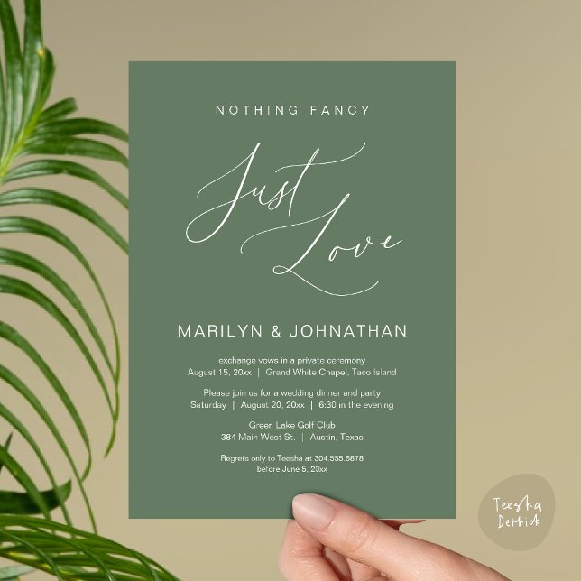 Nothing Fancy, Just Love, Wedding Elopement Dinner Invitation (Nothing Fancy, Just Love, Wedding Elopement Dinner Brunch Lunch Party Invites Card PDF, Sage Green)