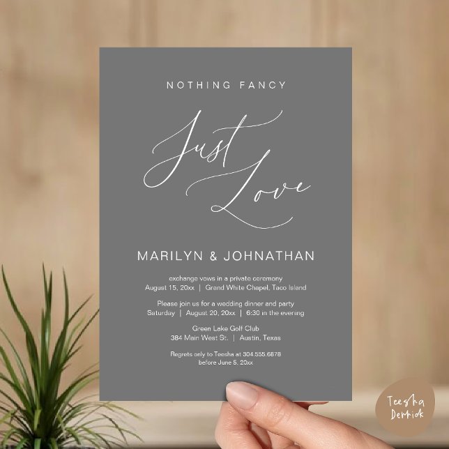 Nothing Fancy, Just Love, Wedding Elopement Dinner Invitation (Nothing Fancy, Just Love, Wedding Elopement Dinner Brunch Lunch Party Invites Card PDF, Dark Grey)