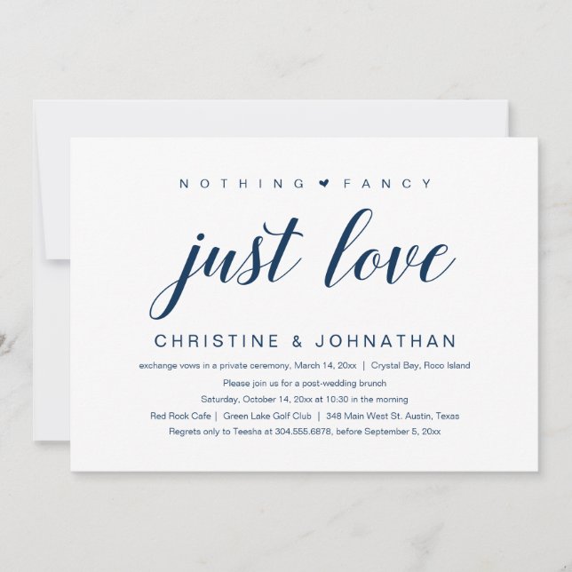 Nothing Fancy, Just Love, Wedding Elopement, Navy Invitation (Front)