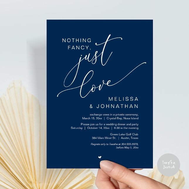Nothing Fancy, Just Love, Wedding Elopement Party Invitation (Nothing Fancy, Just Love, Wedding Elopement Dinner Party Invitation Card, PDF, In Navy Blue)