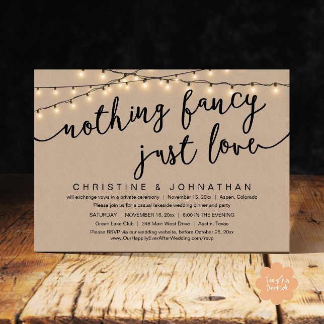 Nothing Fancy, Just Love, Wedding Elopement Party Invitation (Nothing Fancy, Just Love, Wedding Elopement Party Invites Card PDF Rustic Brown Kraft String Lights)