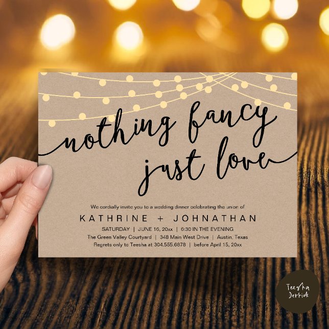 Nothing Fancy, Just Love, Wedding Reception Dinner Invitation (Nothing Fancy, Just Love, Wedding Reception Dinner Invitation Card String Lights Brown Kraft)