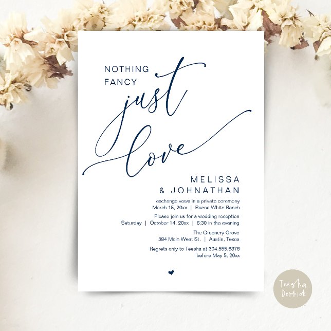 Nothing Fancy, Just Love, Wedding Reception Invitation (Nothing Fancy, Just Love, Wedding Reception Dinner Party Brunch Lunch Invitation Card Navy Blue)