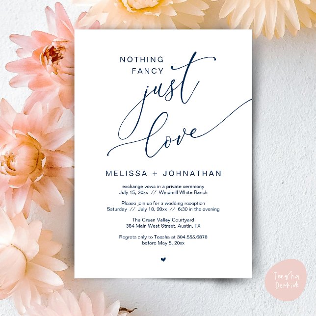 Nothing Fancy, Just Love, Wedding Reception Party Invitation (Nothing Fancy Just Love Wedding Reception Dinner Lunch Brunch Romantic Invites Card PDF Navy Blue)