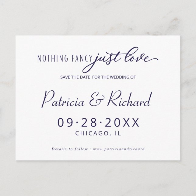 Nothing Fancy Just Love Wedding Save The Date Postcard (Front)