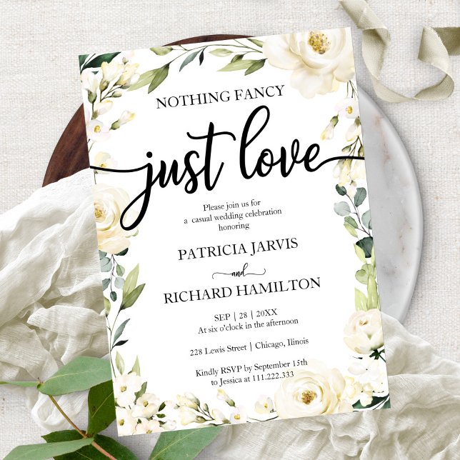Nothing Fancy Just Love Wedding White Cream Floral Invitation (Creator Uploaded)