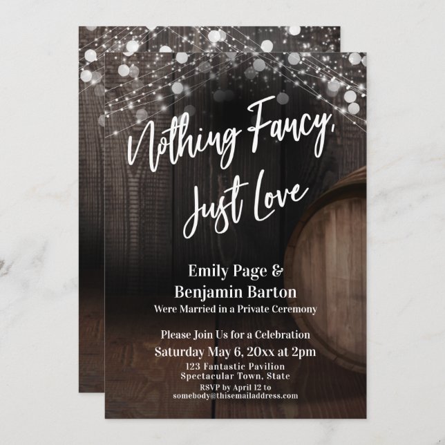 Nothing Fancy, Just Love Wine Barrel and Lights Invitation (Front/Back)