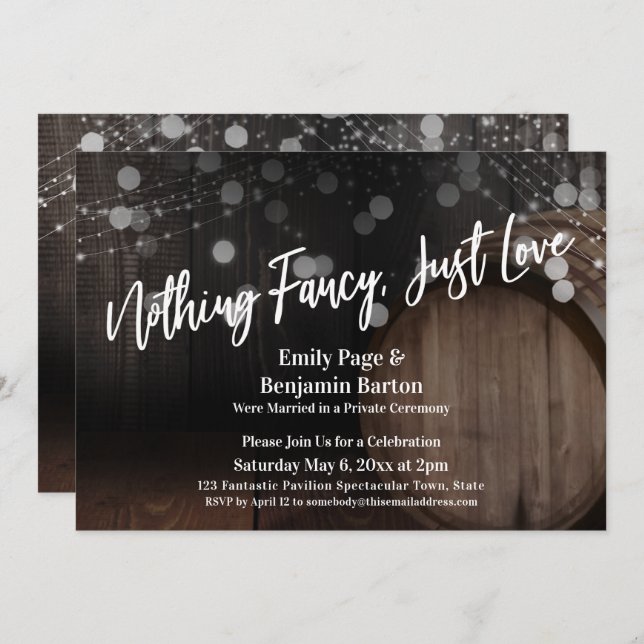 Nothing Fancy Just Love Wood Barrel & Lights Invitation (Front/Back)