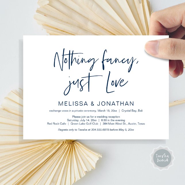 Nothing Fncy' Just Love, Wedding Elopement Party Invitation (Nothing Fancy Just Love, Wedding Elopement Dinner Party Invitation Card, PDF, Modern, Navy Blue)