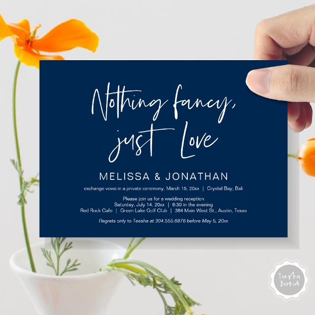 Nothing Fncy' Just Love, Wedding Elopement Party Invitation (Nothing Fancy Just Love, Wedding Elopement Dinner Party Invitation Card, PDF, Modern, Navy Blue)