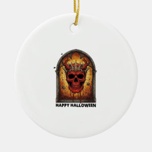 Nothing Scares Me Red Horned Skull Spider Web Hall Ceramic Ornament